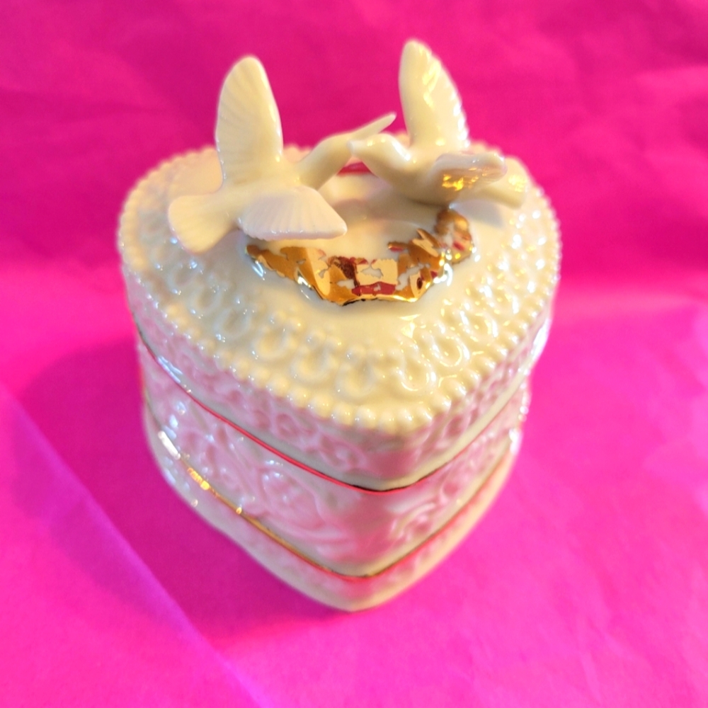 Heart-Shaped Vintage Lenox Trinket Box with Doves